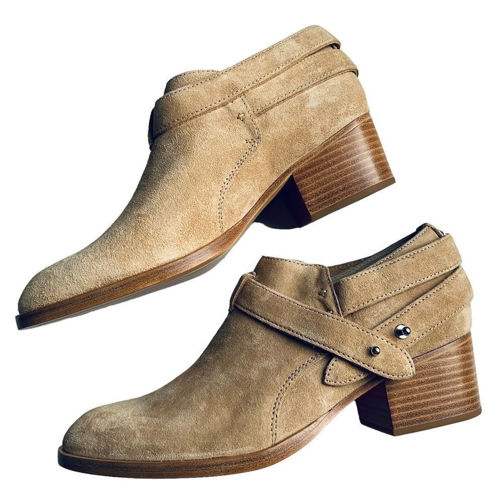 Rag & Bone Harley Suede Ankle Booties Dune Tan Wrap Strap Block Heel 37 US 7 NIB